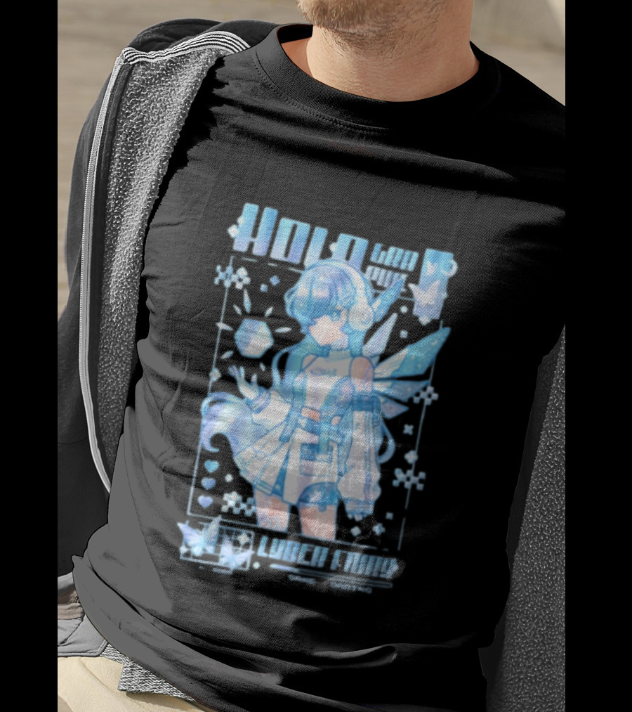 Holographic Cyber Fairy Game Loading Anime Girl Headphones Wings Butterflies Cube T-Shirt