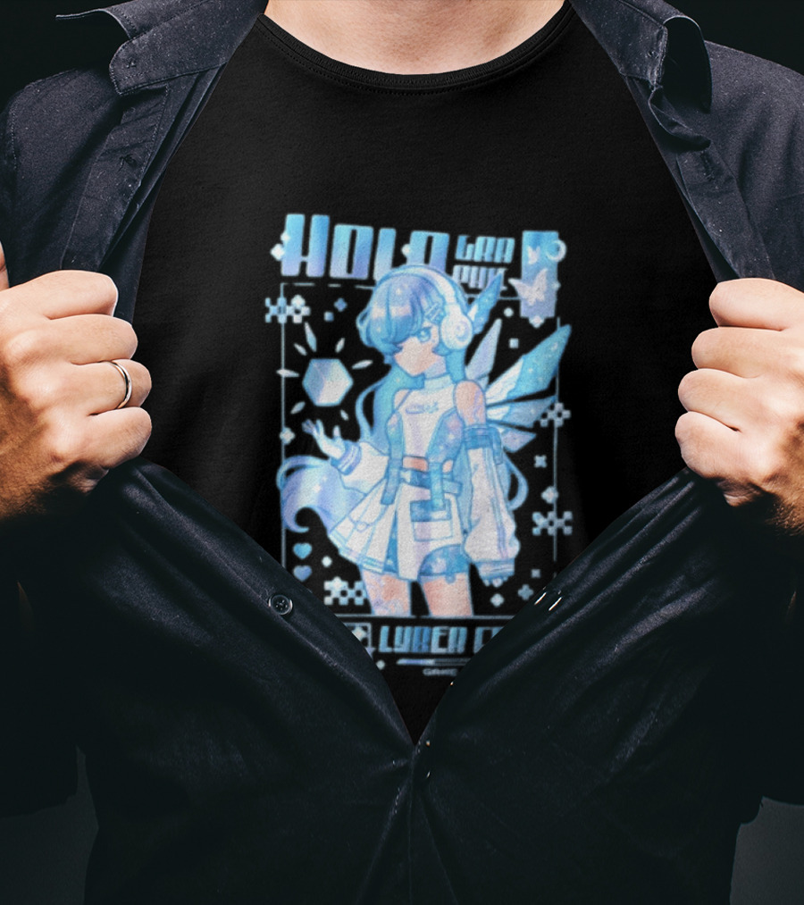 Holographic Cyber Fairy Game Loading Anime Girl Headphones Wings Butterflies Cube T-Shirt