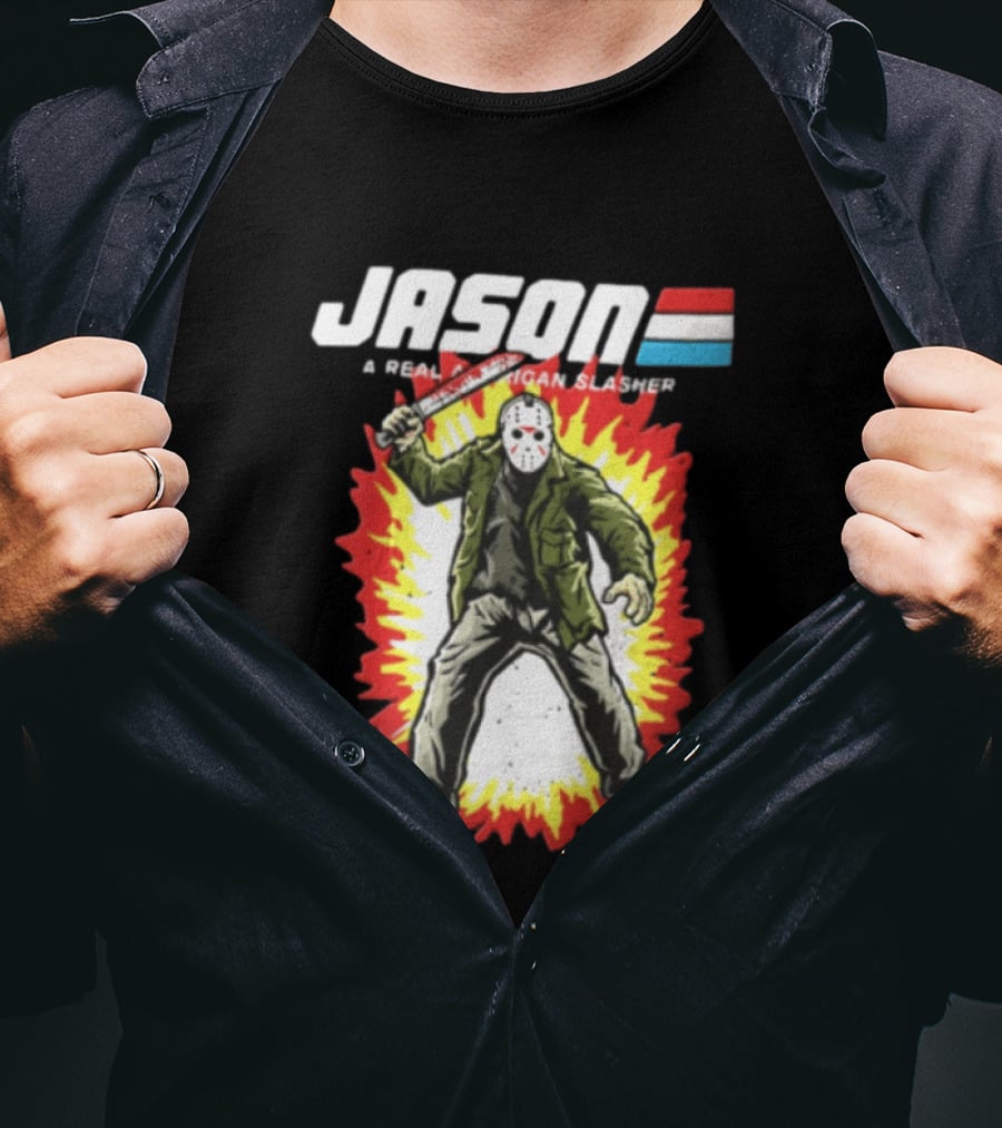 Jason A Real American Slasher Hockey Mask Machete Man Explosion T-Shirt