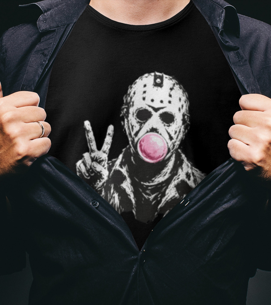 Jason Voorhees Hockey Mask Peace Sign Bubble Gum T-Shirt