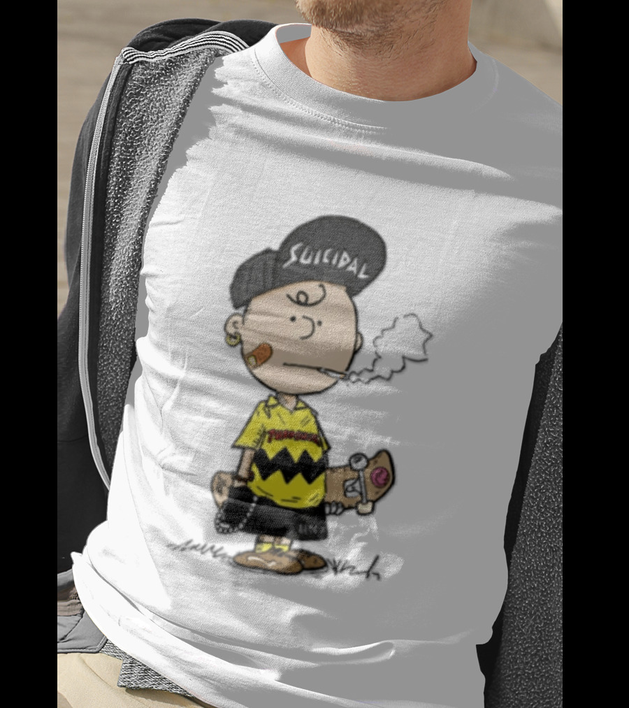 Charlie Brown Cartoon Boy Smoking Skateboard Punk Scumbag Thrasher T-Shirt