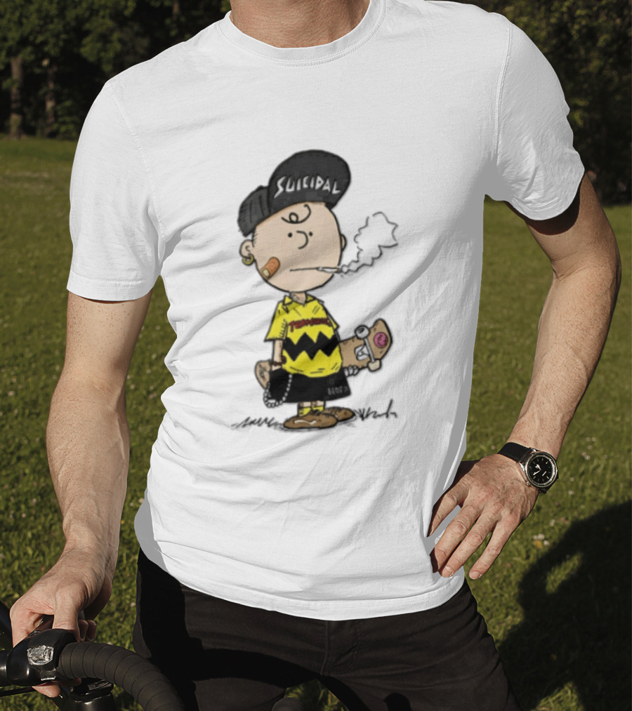 Charlie Brown Cartoon Boy Smoking Skateboard Punk Scumbag Thrasher T-Shirt