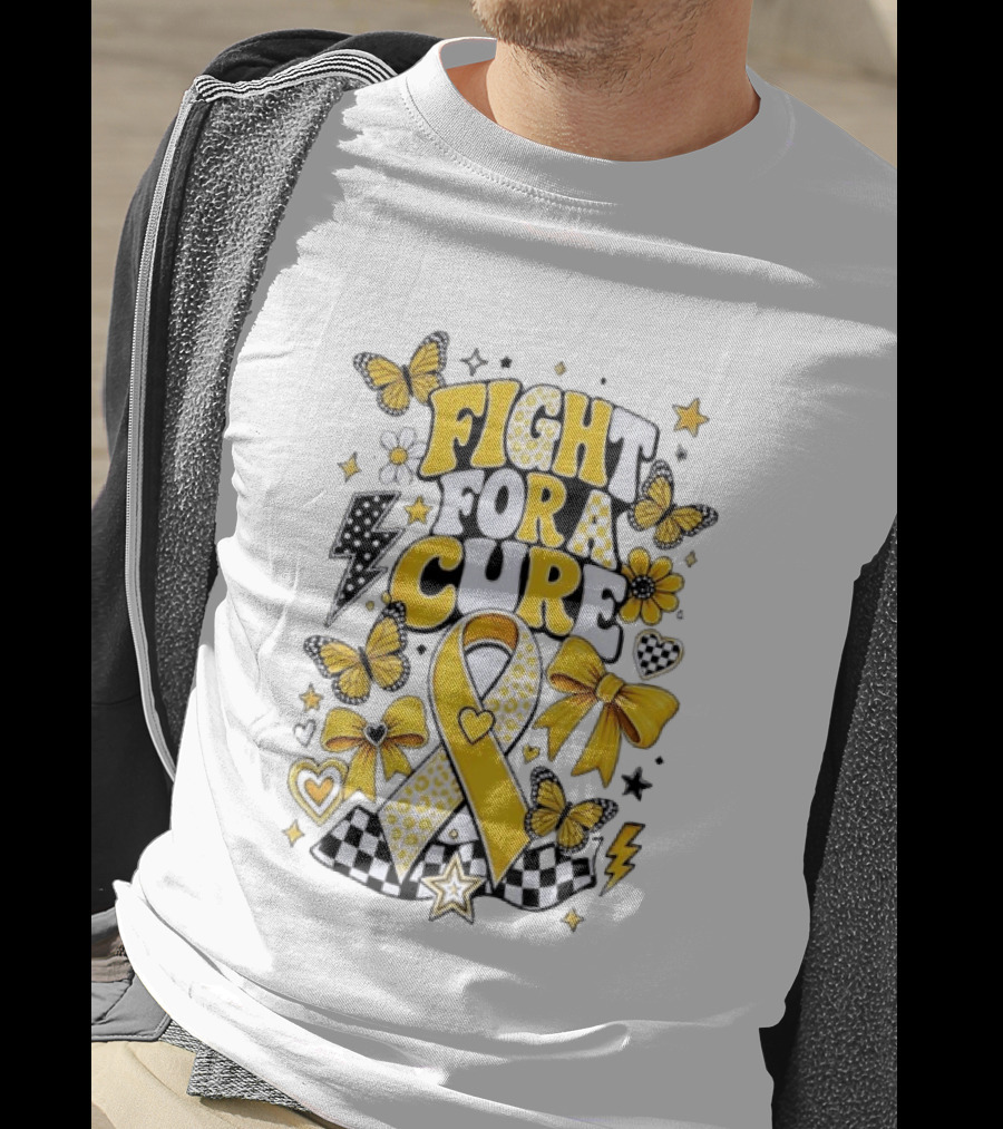 Fight For A Cure Yellow Ribbon Awareness Butterfly And Bow T-Shirt