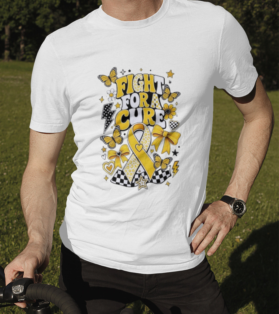 Fight For A Cure Yellow Ribbon Awareness Butterfly And Bow T-Shirt