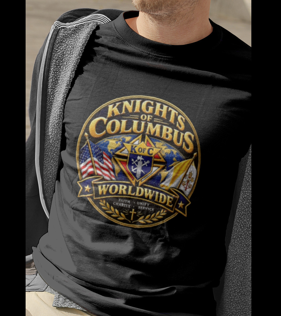 Knights Of Columbus K Of C Faith Unity Charity Service Worldwide With Flags And Cross T-Shirt
