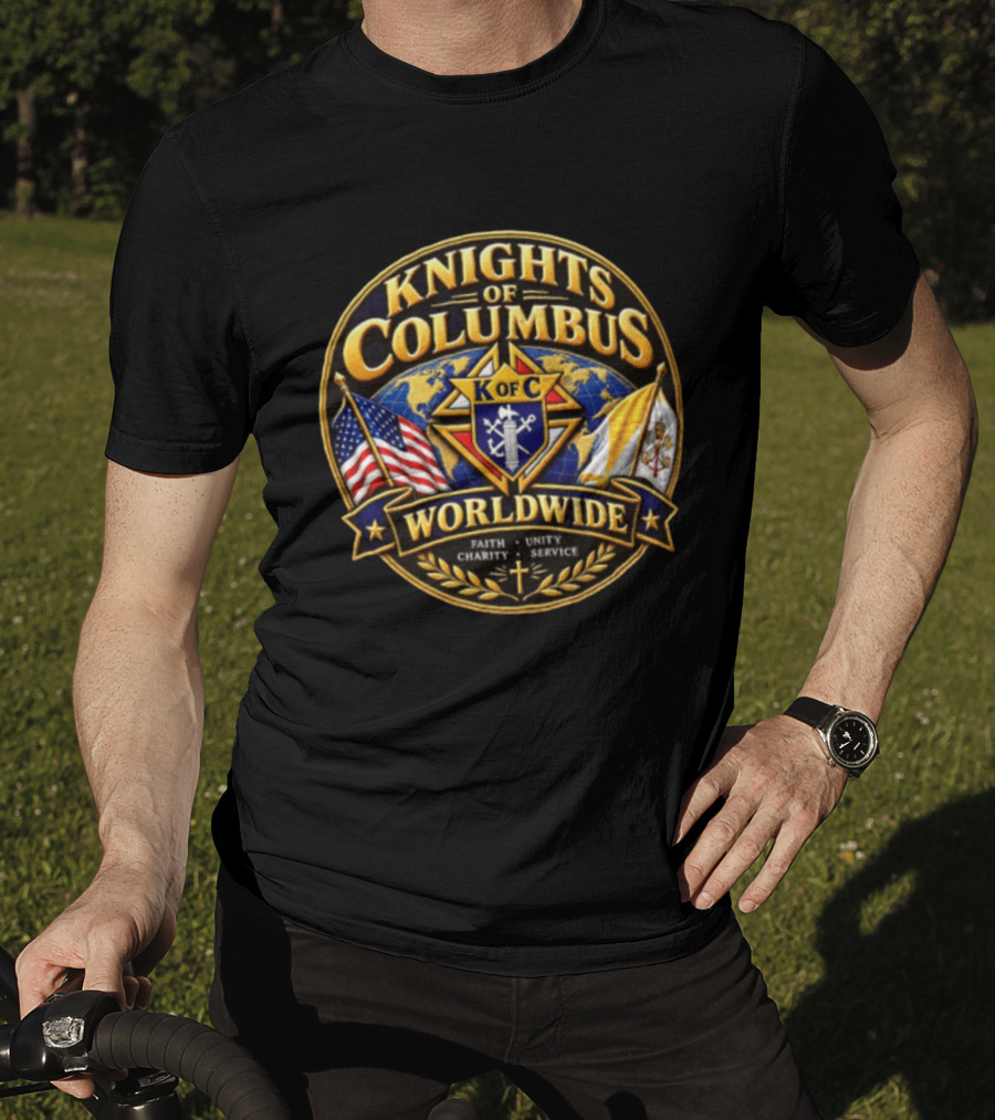 Knights Of Columbus K Of C Faith Unity Charity Service Worldwide With Flags And Cross T-Shirt