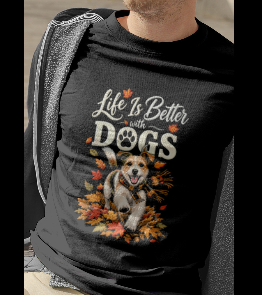 Life Is Better With Dogs Autumn Leaves Dog Paw T-Shirt