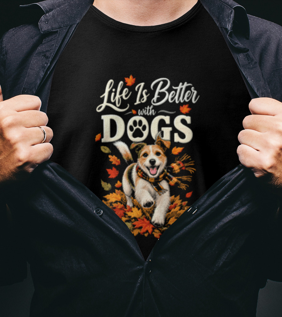 Life Is Better With Dogs Autumn Leaves Dog Paw T-Shirt