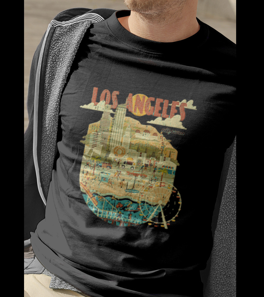 Los Angeles California Skyline Ferris Wheel And Beach Scene T-Shirt