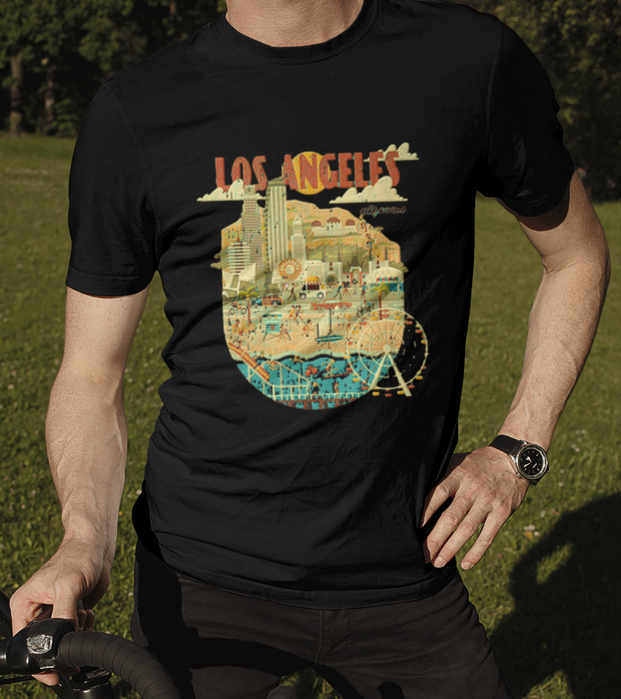 Los Angeles California Skyline Ferris Wheel And Beach Scene T-Shirt