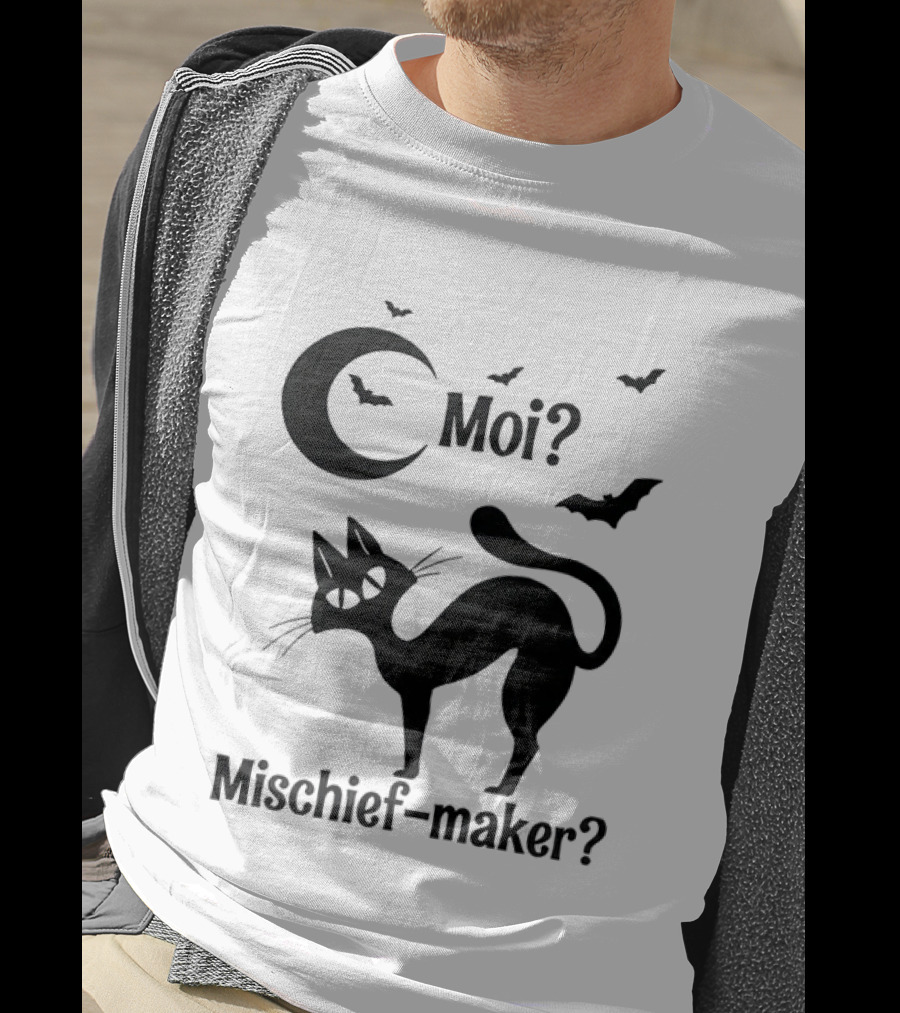 Moi Mischief Maker Black Cat Halloween Moon Bats T-Shirt