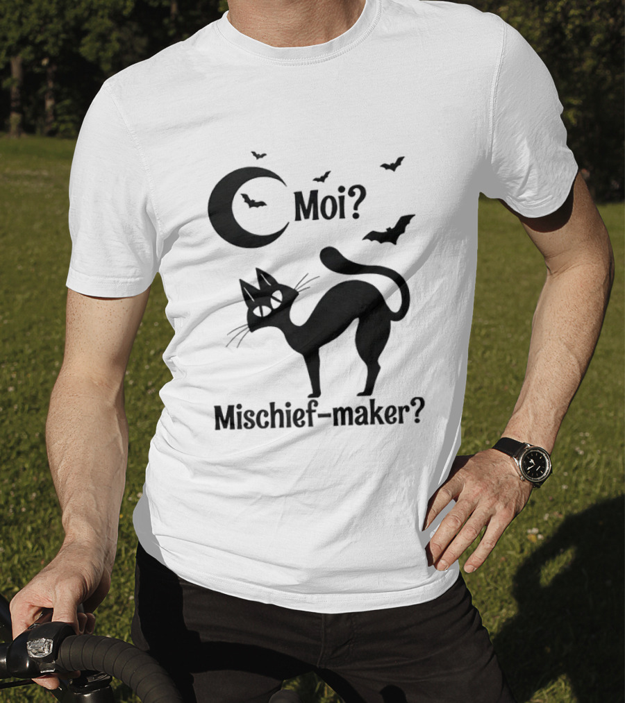 Moi Mischief Maker Black Cat Halloween Moon Bats T-Shirt