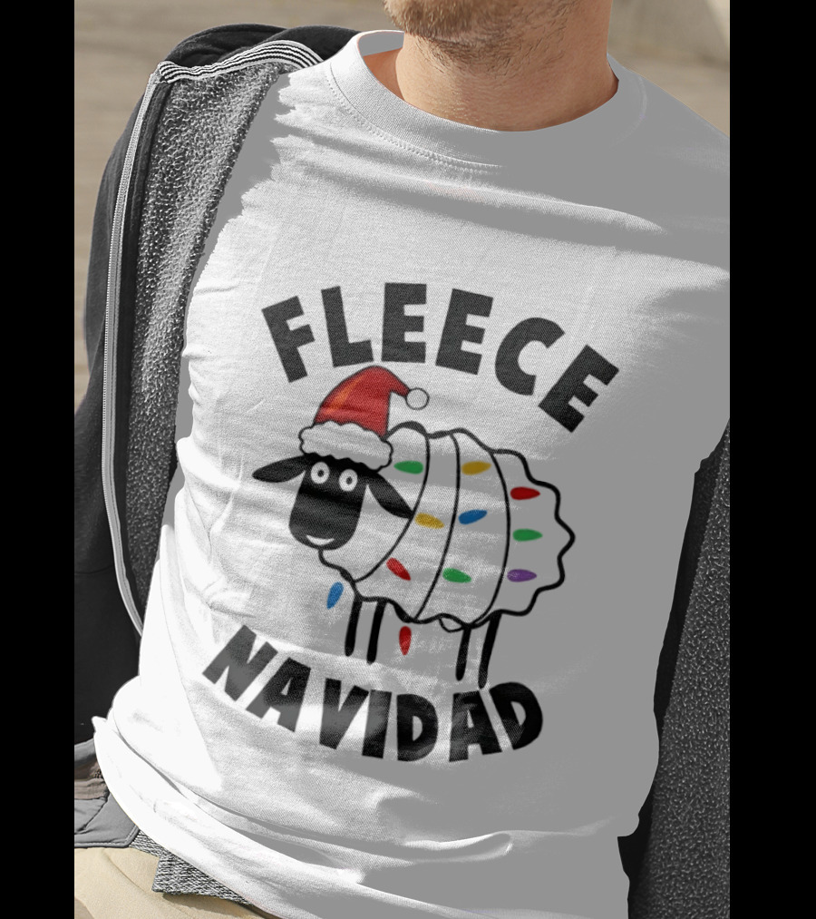 Fleece Navidad Christmas Sheep In Santa Hat With Holiday Lights Pun T-Shirt