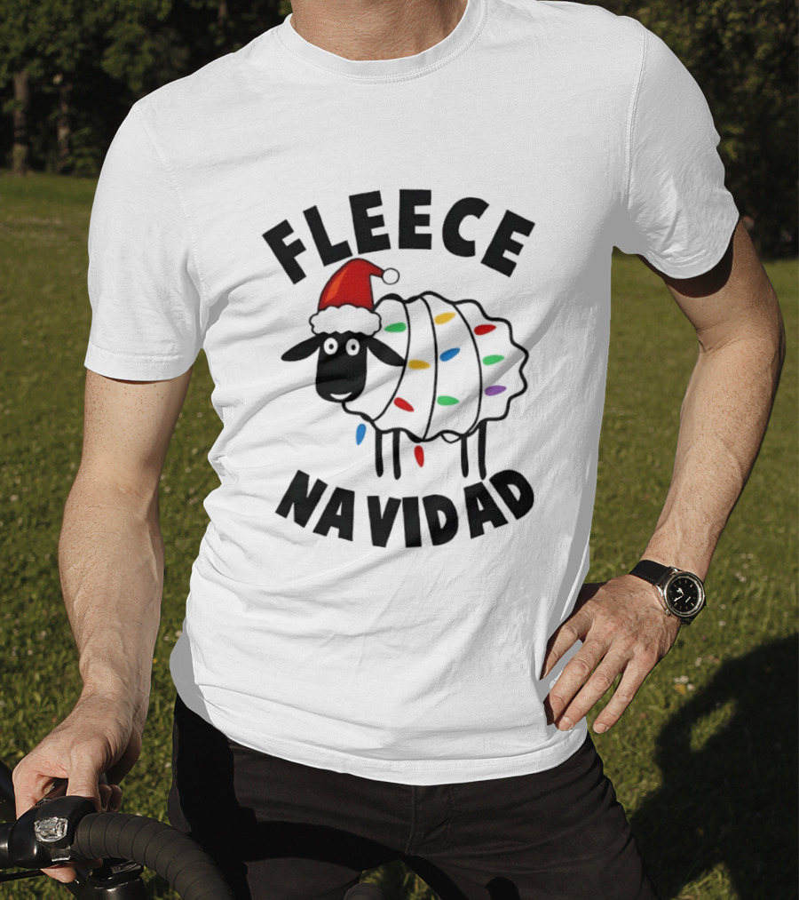 Fleece Navidad Christmas Sheep In Santa Hat With Holiday Lights Pun T-Shirt