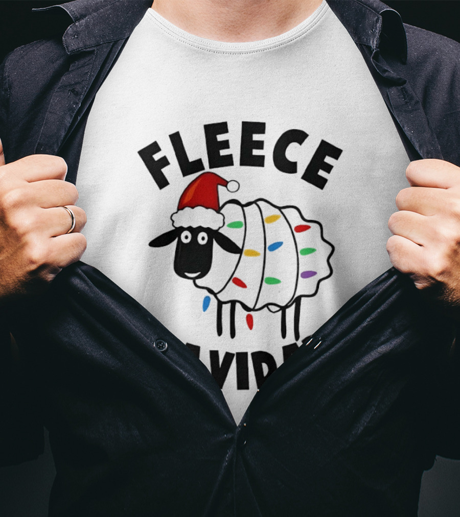 Fleece Navidad Christmas Sheep In Santa Hat With Holiday Lights Pun T-Shirt