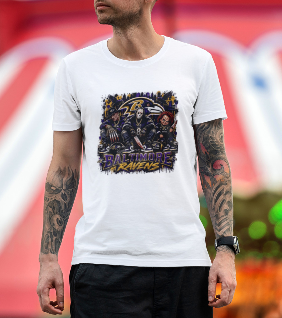 Freddy Krueger Jason Voorhees Chucky Baltimore Ravens Halloween Horror T-Shirt