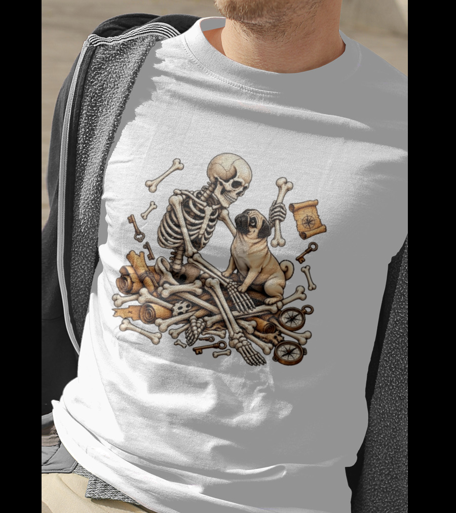 Skeleton Holding Bone With Pug Surrounded By Compass Keys And Treasure Maps T-Shirt