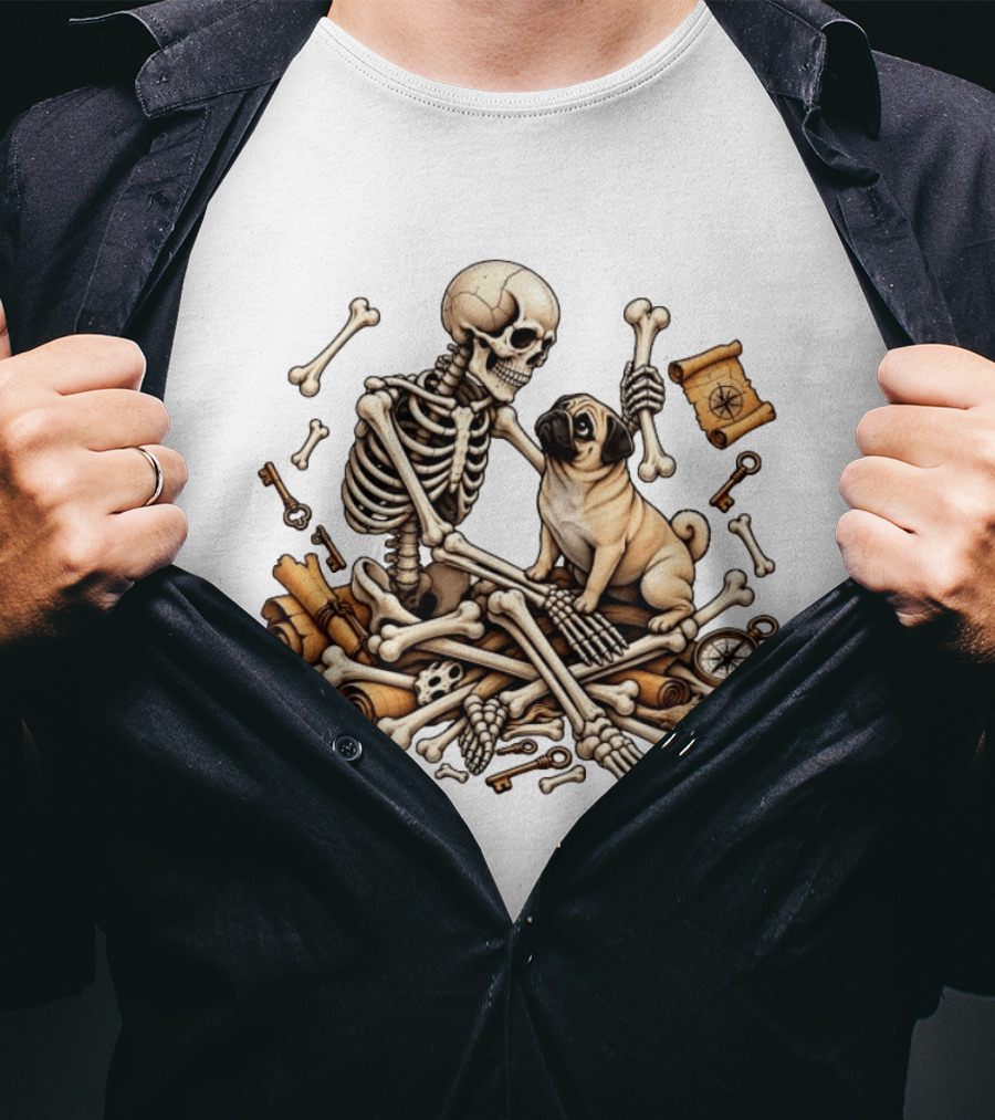 Skeleton Holding Bone With Pug Surrounded By Compass Keys And Treasure Maps T-Shirt
