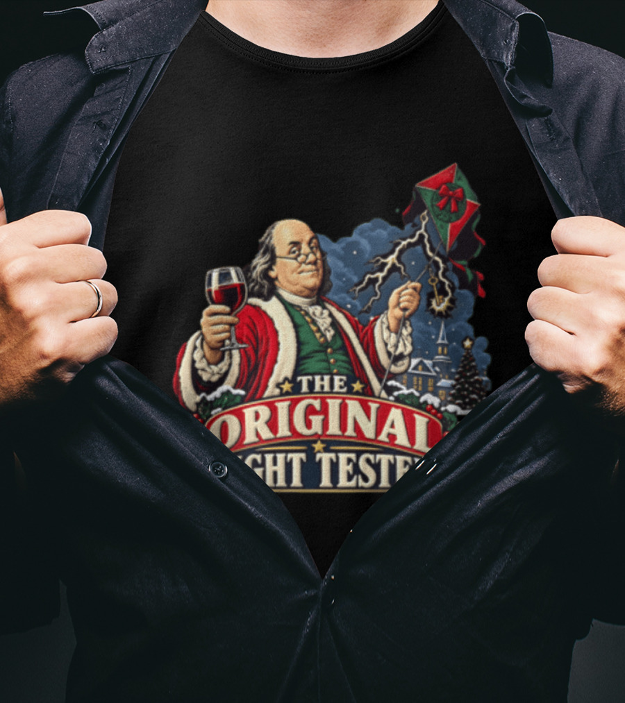 Benjamin Franklin Santa Suit Wine And Kite The Original Light Tester T-Shirt