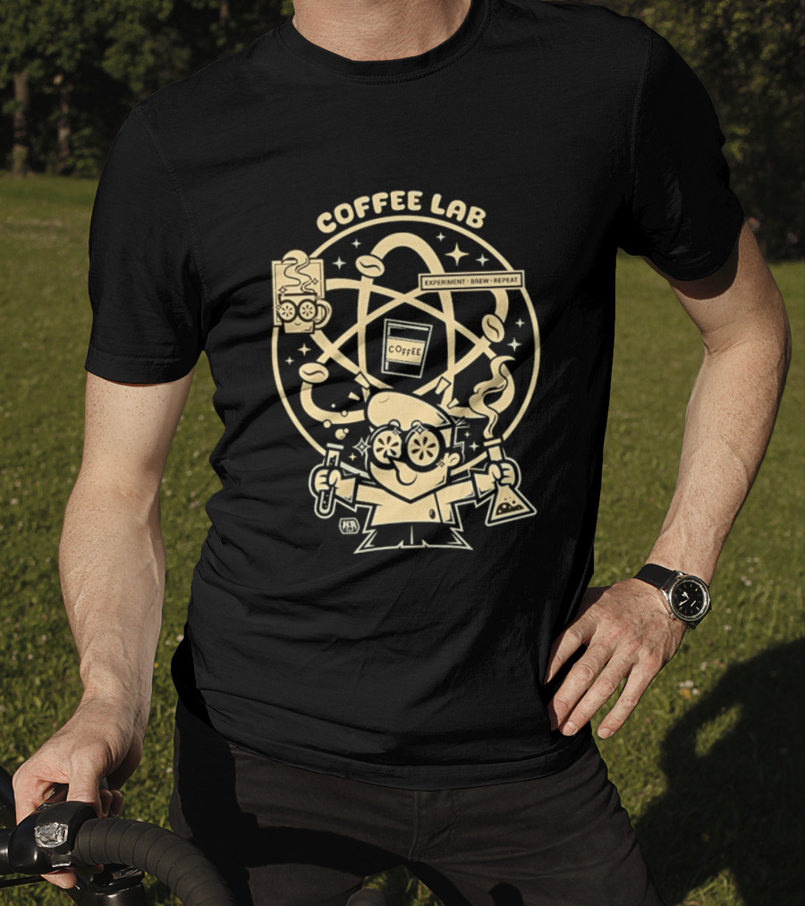 Coffee Lab Experiment Brew Repeat Dexter Scientist Atomic Coffee Cartoons T-Shirt
