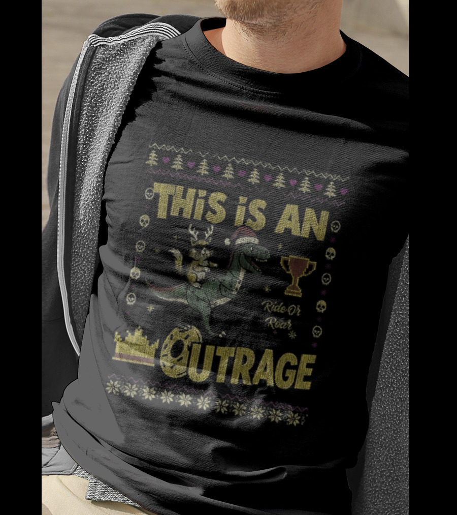 Dungeon Crawler Carl This Is An Outrage Christmas Ugly Achievement Crown Trophy Dinosaur Santa Hat T-Shirt