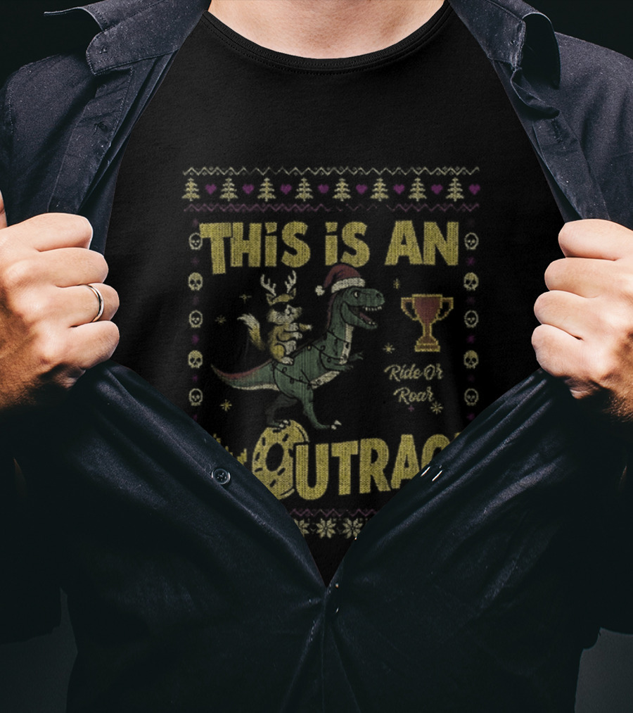 Dungeon Crawler Carl This Is An Outrage Christmas Ugly Achievement Crown Trophy Dinosaur Santa Hat T-Shirt