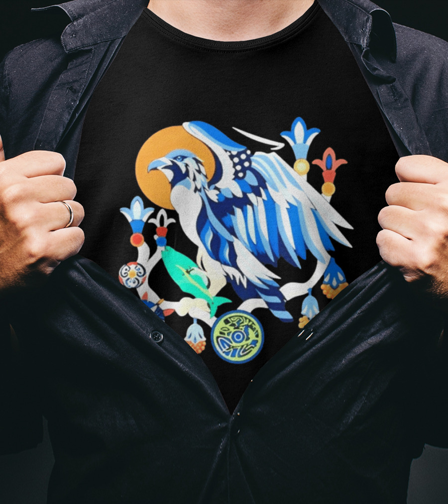 Egyptian Blue Falcon Bird Of Prey With Fish And Ancient Symbolism T-Shirt