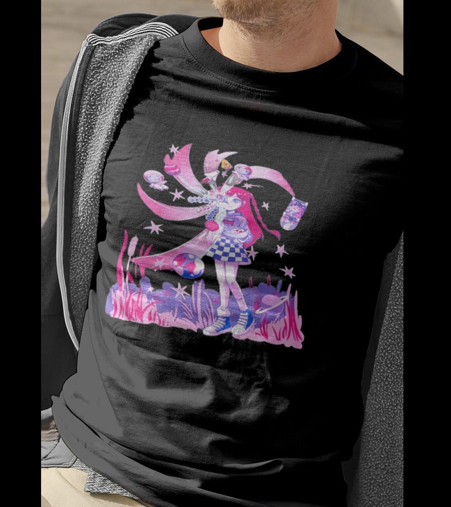 Anime Girl Space Ramen Checkered Skirt Pink Cosmic Stars T-Shirt