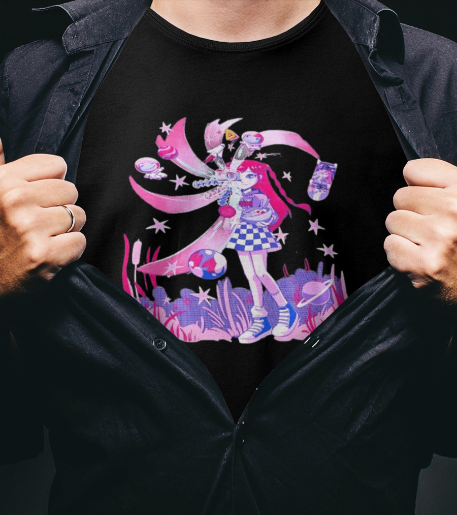 Anime Girl Space Ramen Checkered Skirt Pink Cosmic Stars T-Shirt