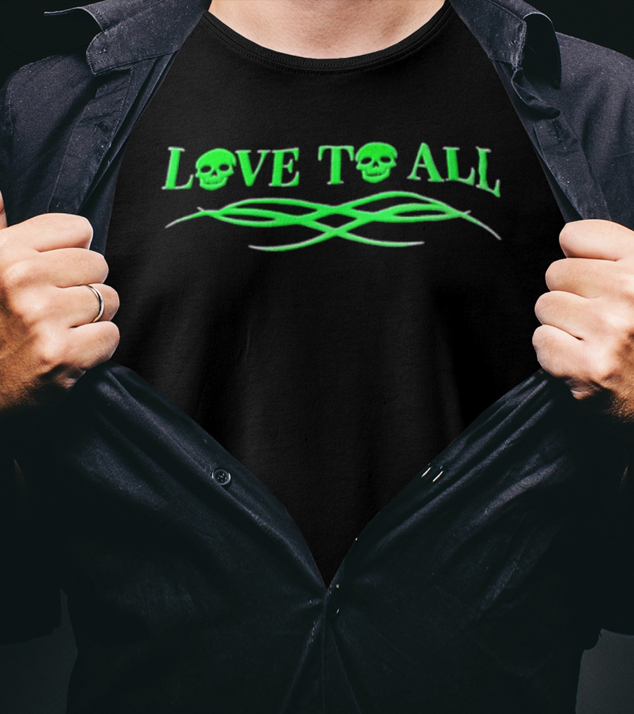 Love TO ALL Green Skulls Tribal Line Vibrant Neon Aesthetic T-Shirt