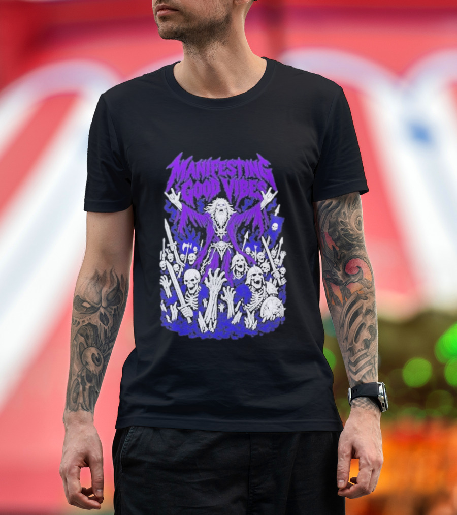 Manifesting Good Vibes Necromancer Skeleton Wizard T-Shirt