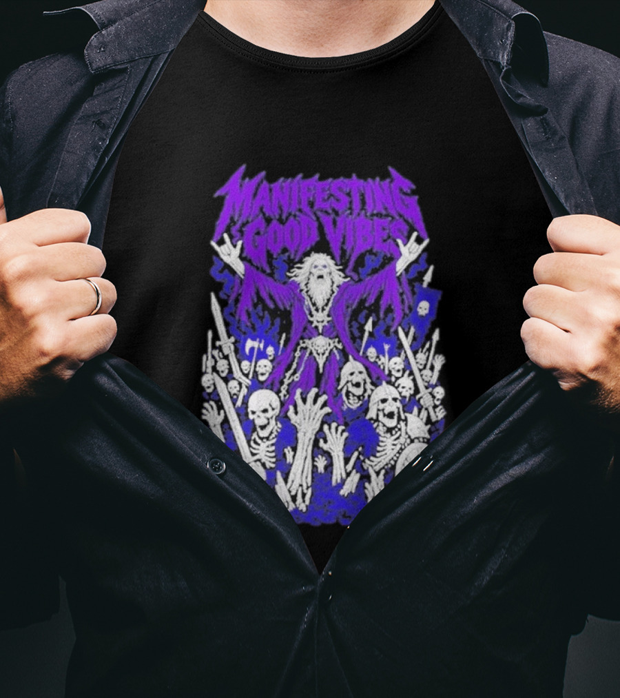 Manifesting Good Vibes Necromancer Skeleton Wizard T-Shirt