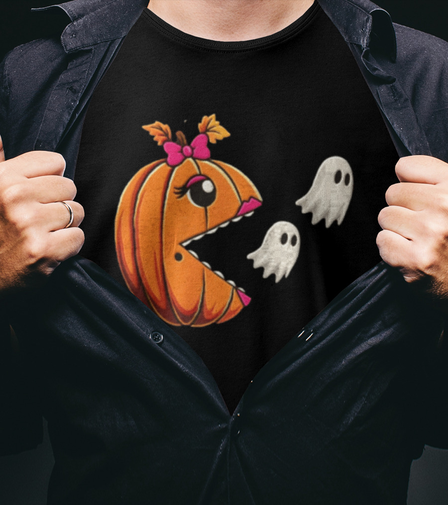 Ms Pac Man Pumpkin Shape Halloween Ghosts T-Shirt