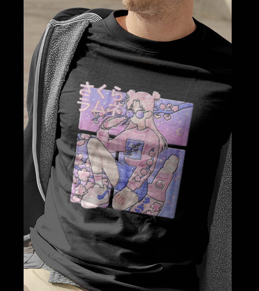 Anime Girl Drinking Pink Soda Sakura Blossoms Pastel Aesthetic T-Shirt