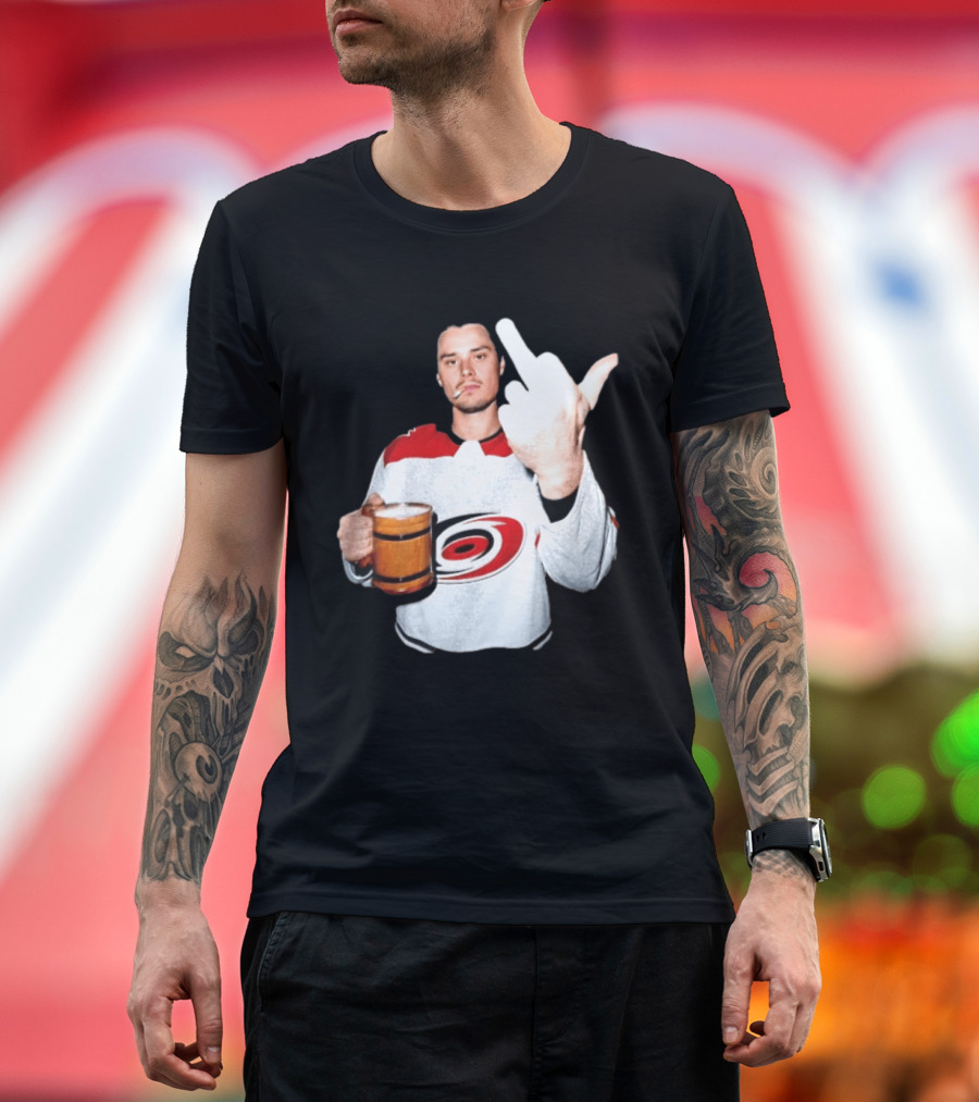 Sebastian Aho Carolina Hurricanes Wooden Beer Middle Finger Gesture T-Shirt