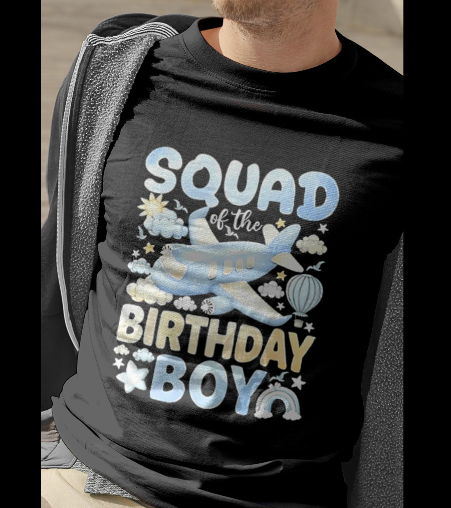 Squad Of The Birthday Boy Airplane Cloud Adventure With Stars And Balloons T-Shirt