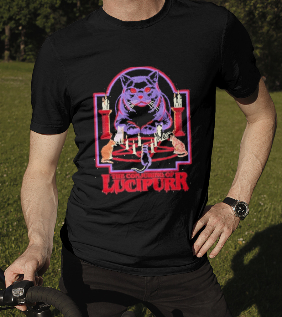 The Conjuring Of Lucipurr Cat Candle Pentagram Ritual T-Shirt