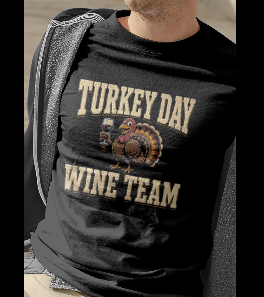Turkey Day Wine Team Cartoon With Turkey Holding Wine Glass T-Shirt