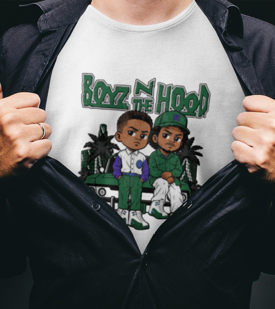 Boyz N The Hood Cartoon Boys Green Car Palm Trees T-Shirt