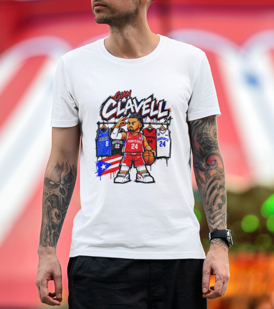 Gian Clavell Puerto Rico Basketball Cartoon With Jersey Collection And Flag T-Shirt