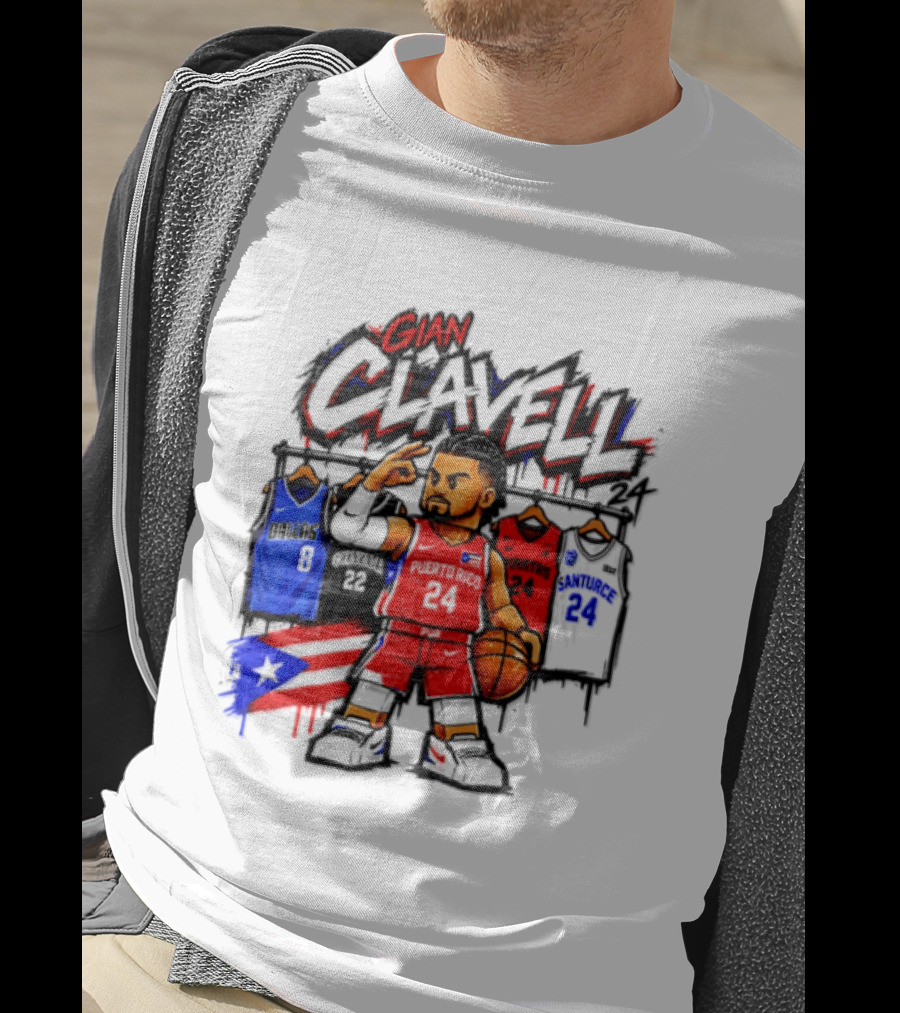 Gian Clavell Puerto Rico Basketball Cartoon With Jersey Collection And Flag T-Shirt