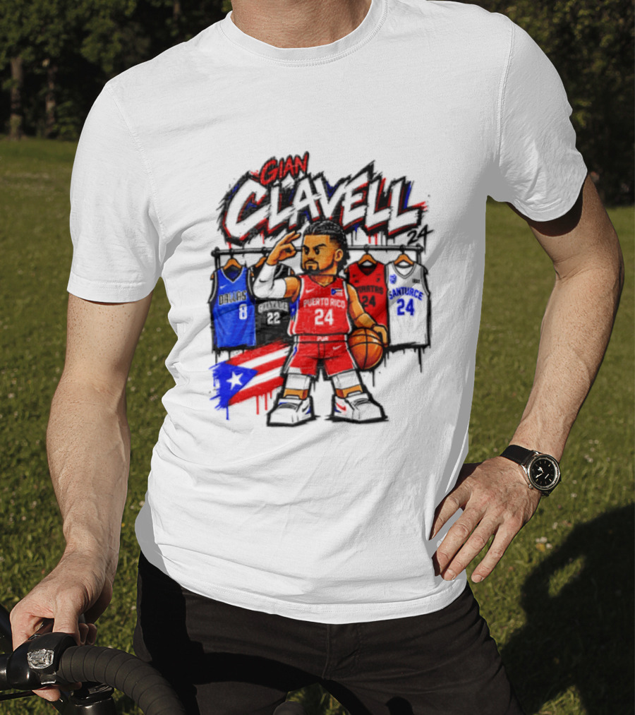 Gian Clavell Puerto Rico Basketball Cartoon With Jersey Collection And Flag T-Shirt