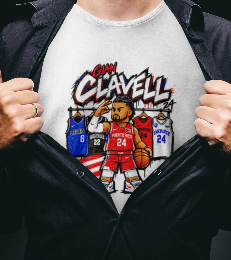 Gian Clavell Puerto Rico Basketball Cartoon With Jersey Collection And Flag T-Shirt