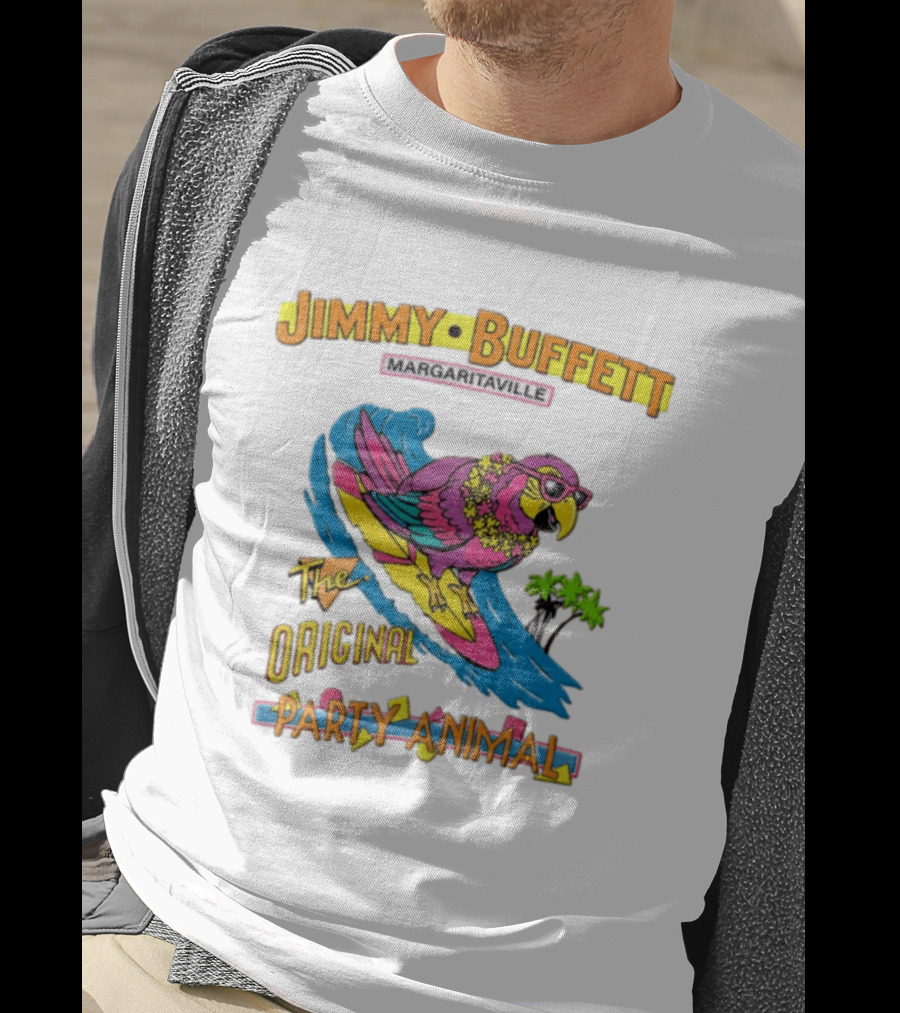 Jimmy Buffett Margaritaville Original Party Animal Parrot Surfing Wave T-Shirt
