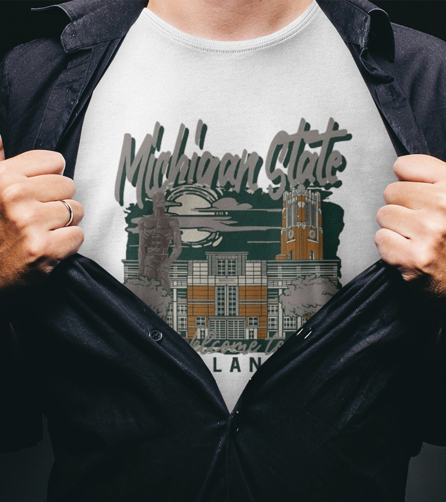 Michigan State University Welcome To East Lansing Scenic Campus Architecture And Famous Spartan Statue T-Shirt