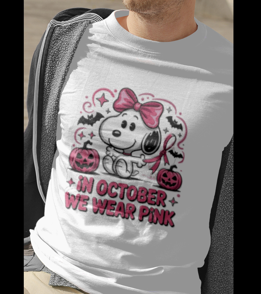 In October We Wear Pink Snoopy Peanuts Halloween Bow Pumpkins Bats T-Shirt