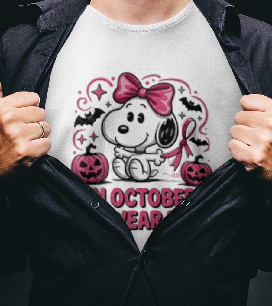 In October We Wear Pink Snoopy Peanuts Halloween Bow Pumpkins Bats T-Shirt