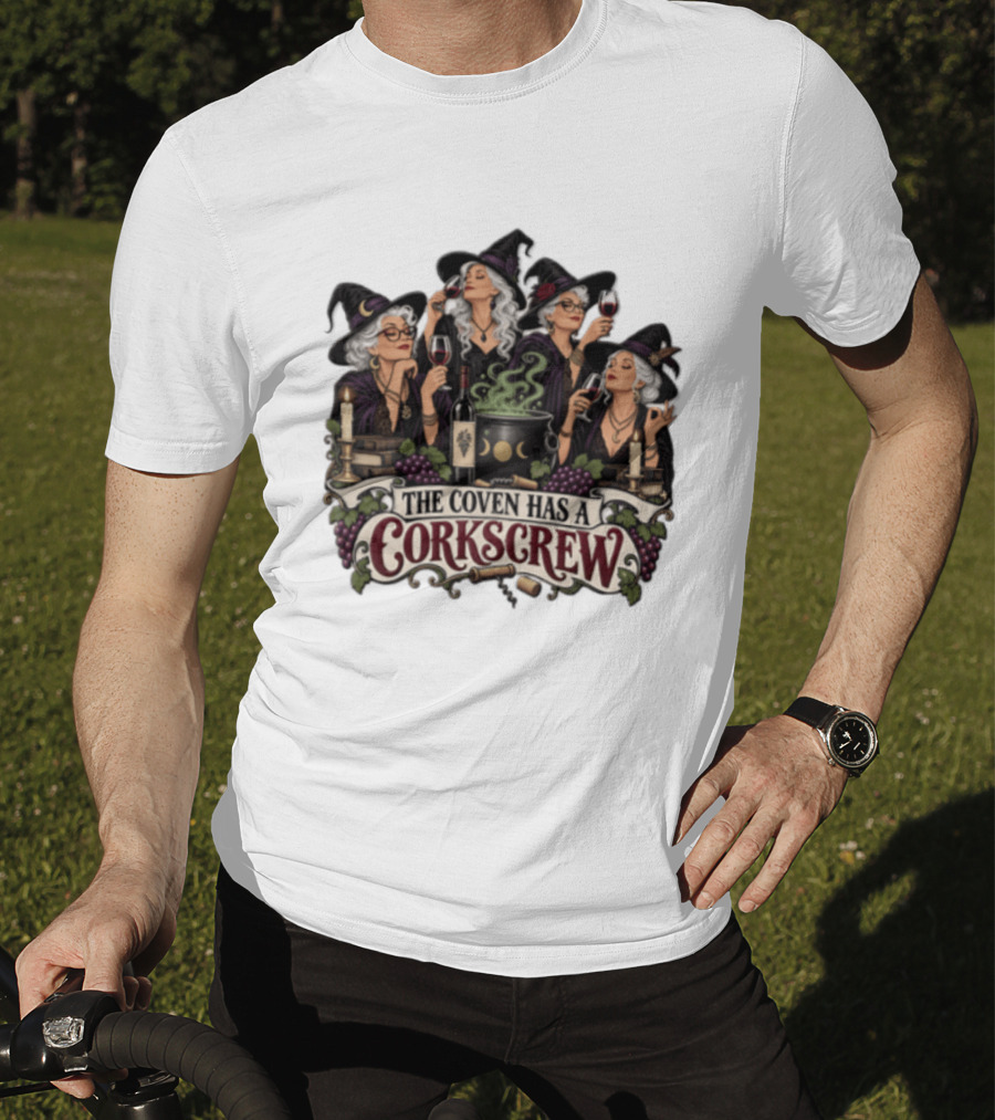 The Coven Has A Corkscrew Four Witches Drinking Wine Cauldron Grapes Candles T-Shirt