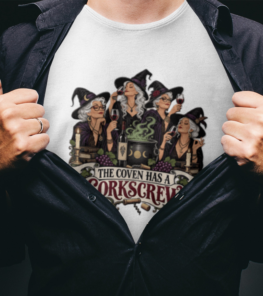 The Coven Has A Corkscrew Four Witches Drinking Wine Cauldron Grapes Candles T-Shirt