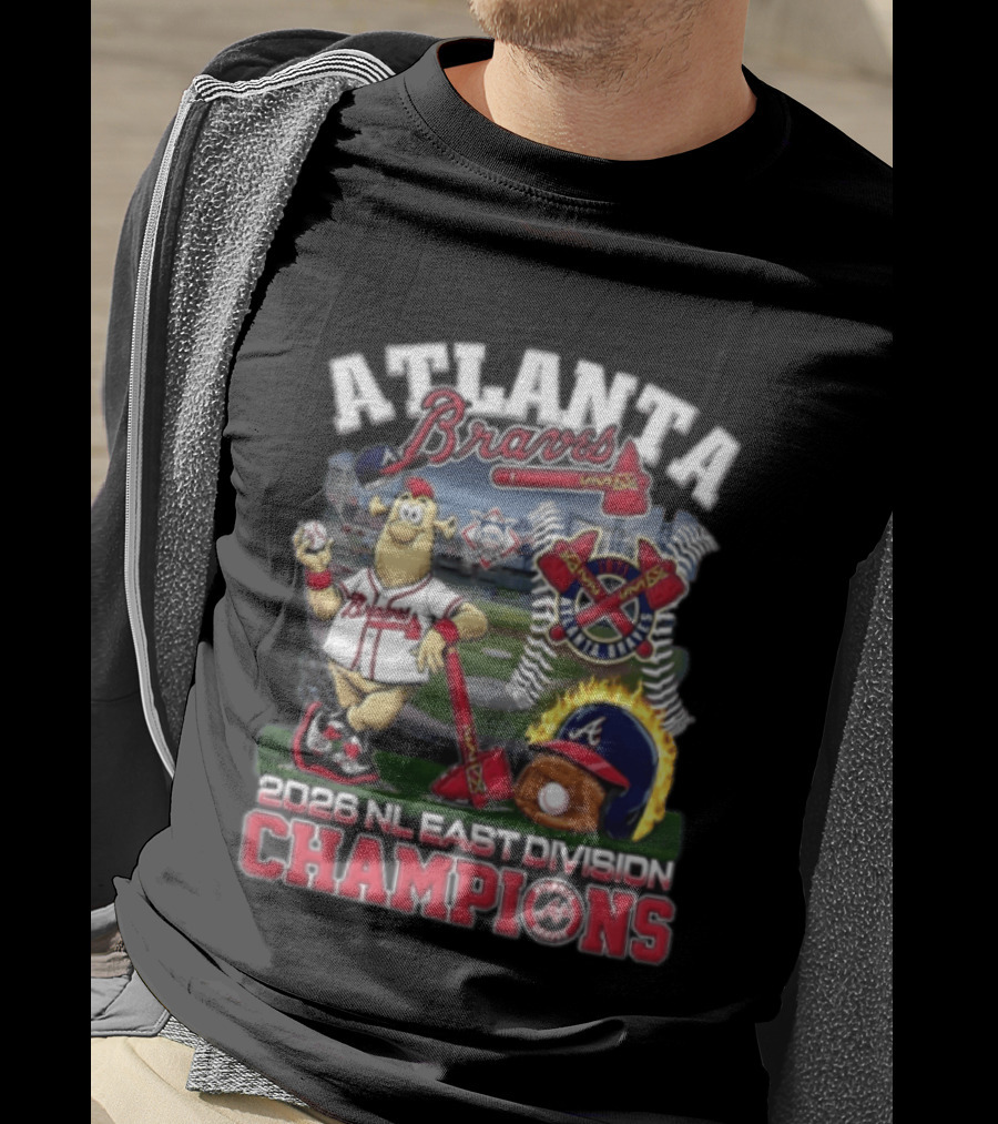 Atlanta Braves 2026 NL East Division Champions Stadium With Mascot And Baseball Bat T-Shirt